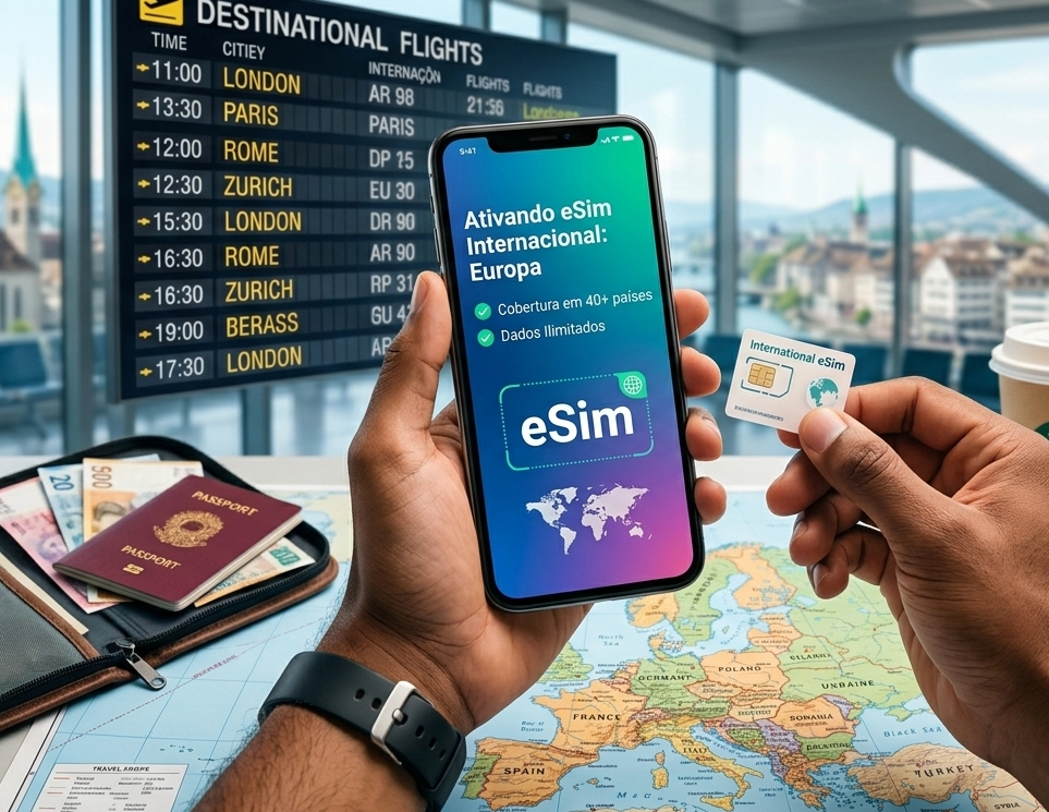 Celular com eSIM, sinal de internet e mapa para uma viagem internacional