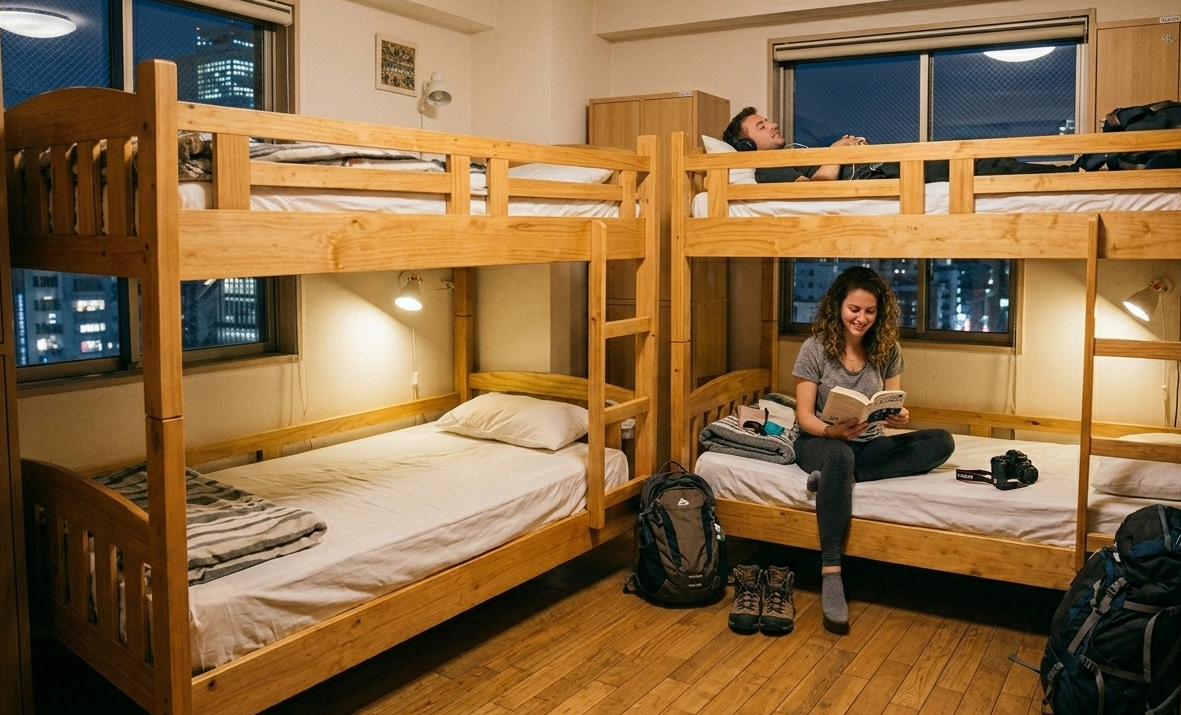Ilustração de quarto compartilhado de hostel com beliches, armários e mochilas