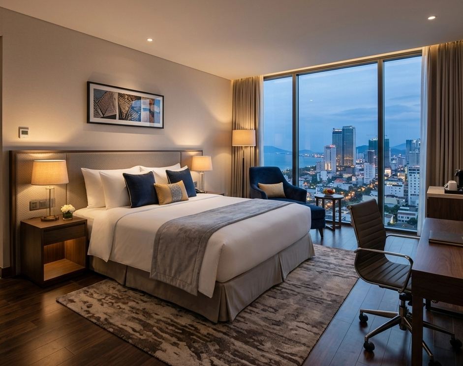 Ilustração de hotel moderno com quartos privativos, recepção e áreas de lazer